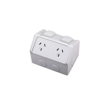 Weatherproof double power point showing resistant grey colour