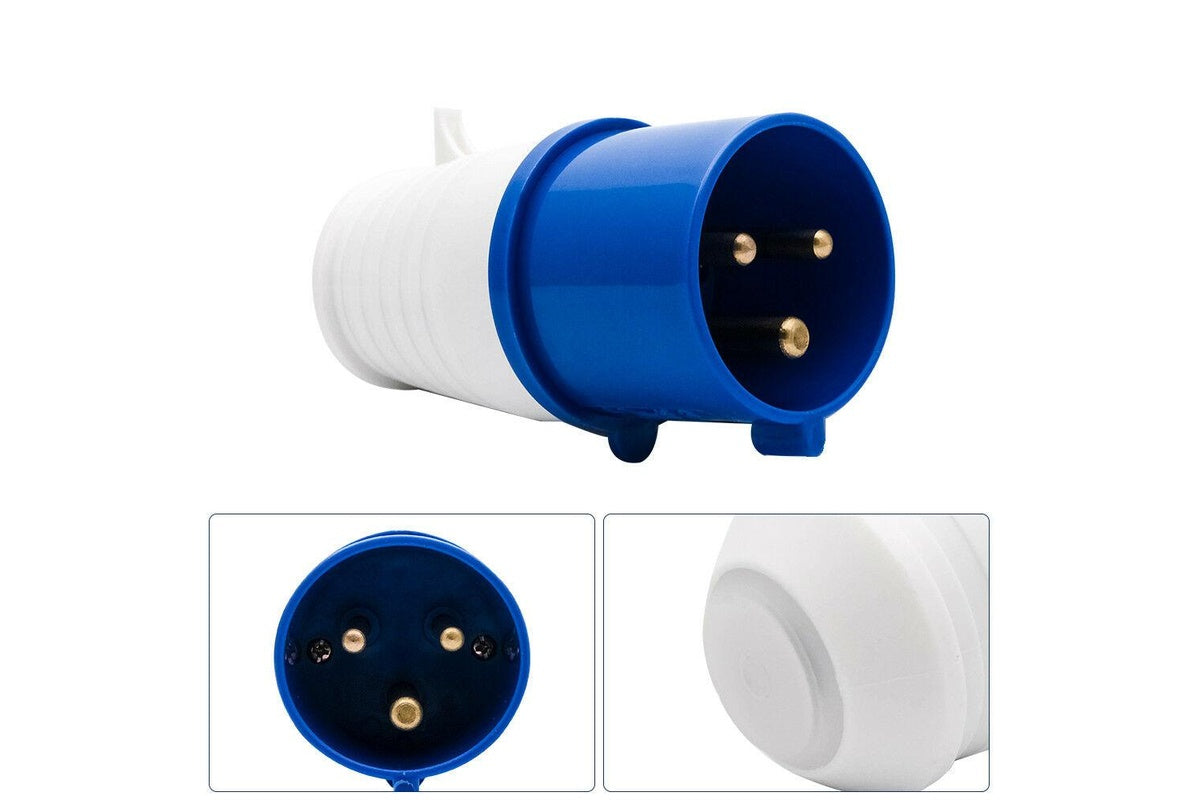 Side angle of caravan lead connector plug male with weatherproof casing