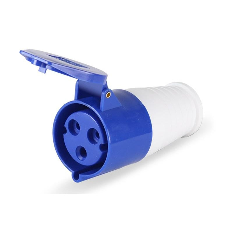 Caravan lead connector plug female 16A IP44 close up of pins