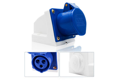 side angle of 16A IP44 caravan surface socket female showing pins