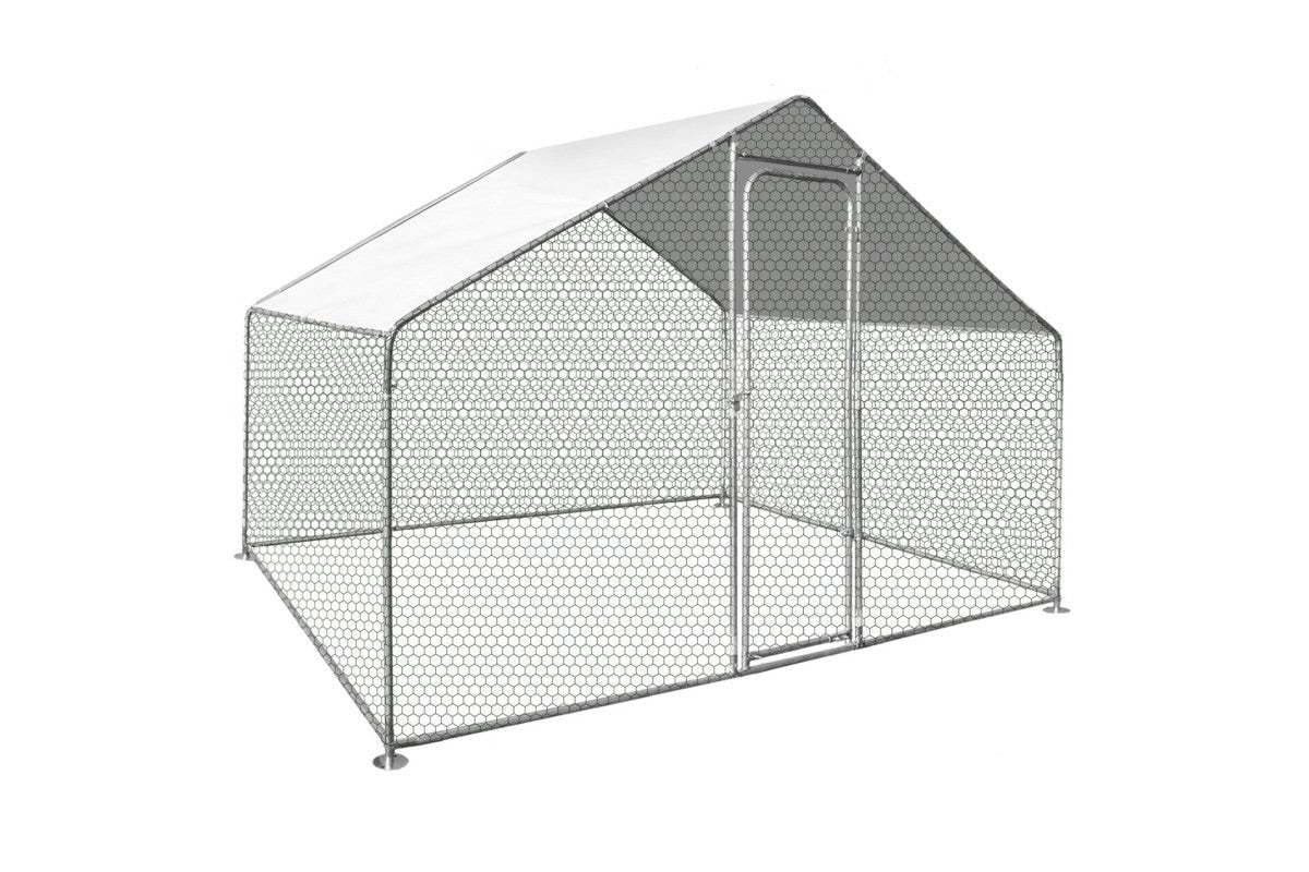 Close-up of galvanized steel tubes on chicken coop