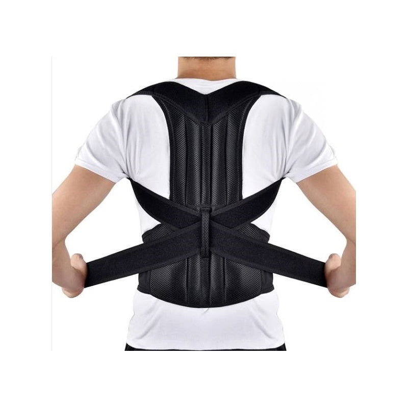 Posture corrector back support showing front adjustable straps in black