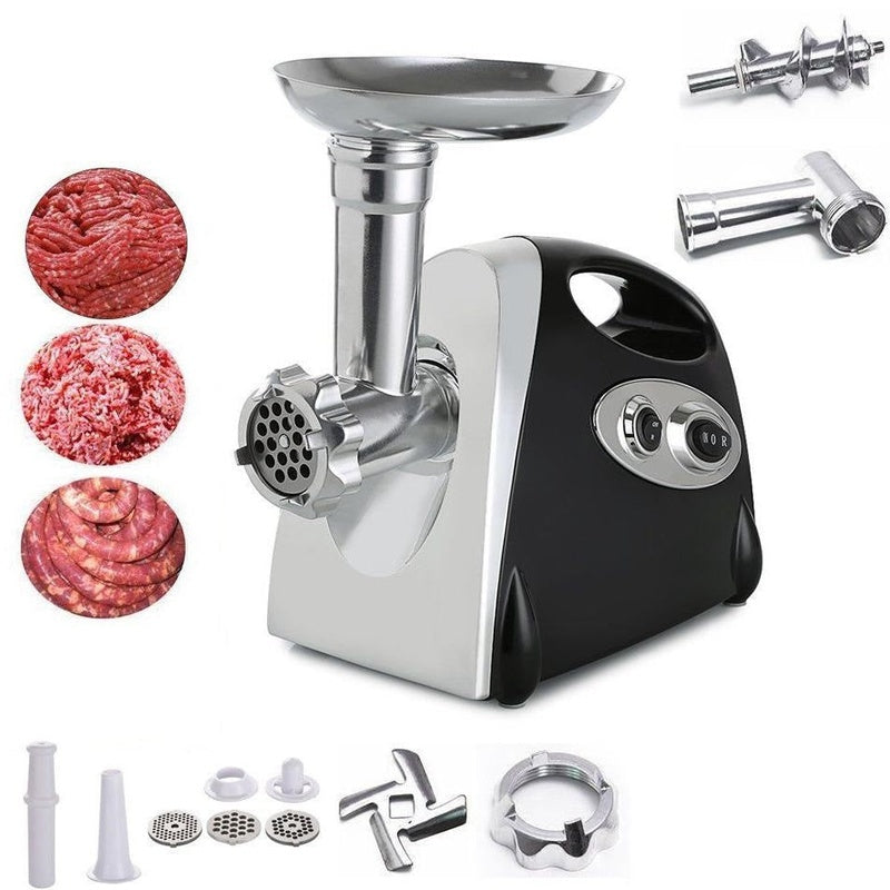 Meat grinder sausage maker showing black body and stainless steel blade