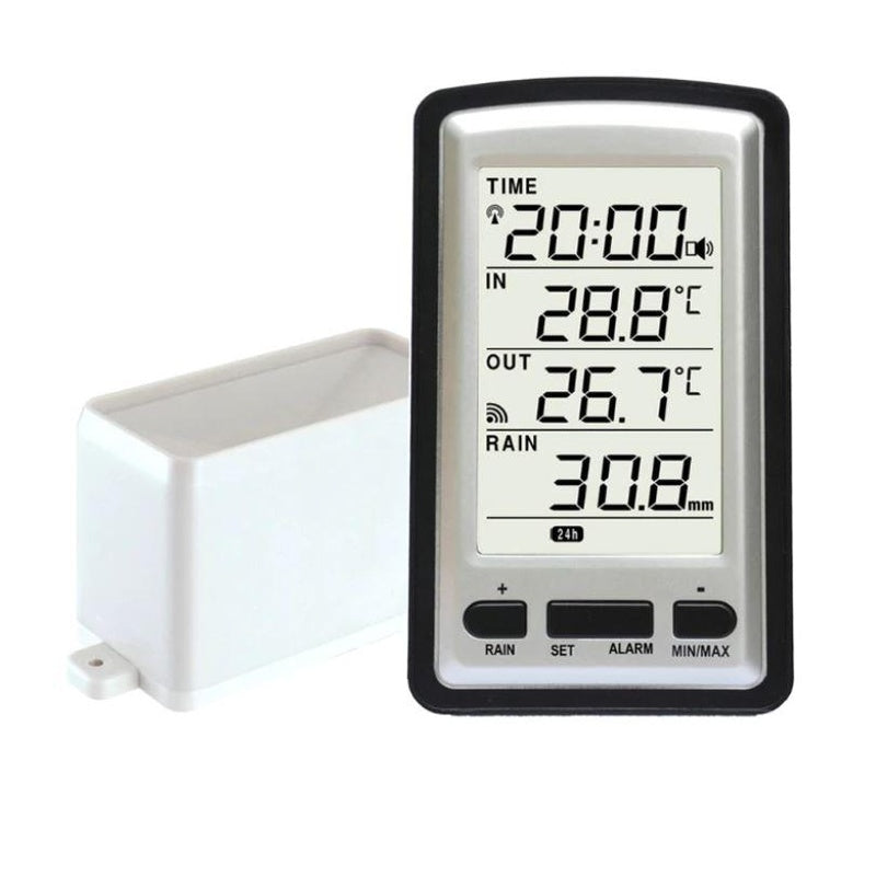 Rain gauge weather station showing rainfall data on screen