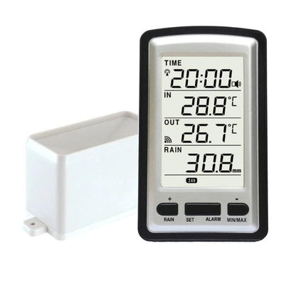 Rain gauge weather station showing rainfall data on screen