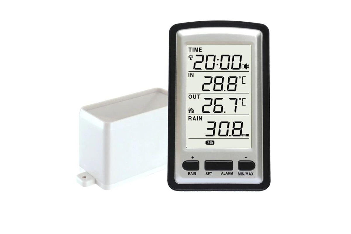 Wireless outdoor rain meter sensor in black plastic casing