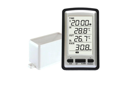 Wireless outdoor rain meter sensor in black plastic casing