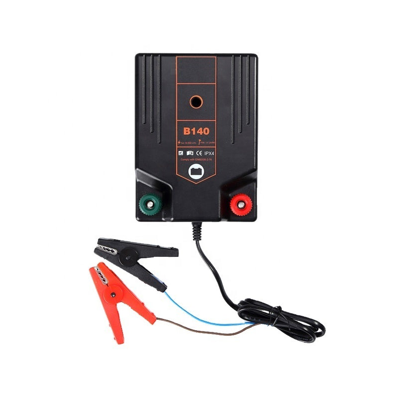 Electric fence energiser 22KM showing front view with battery clip