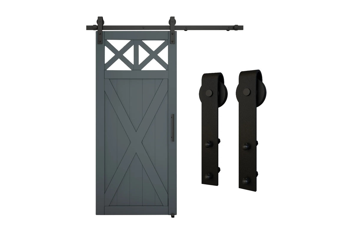 Side view of barn door hardware 2m showing I-shaped rollers