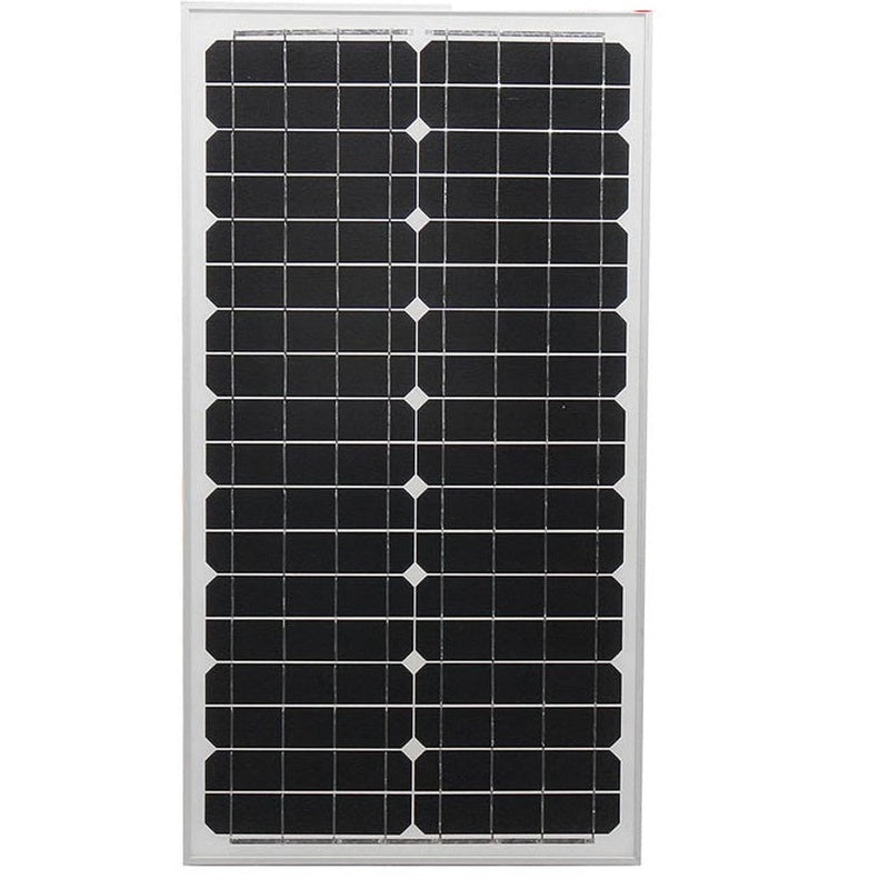 30W solar panel front view showing silver frame and cells