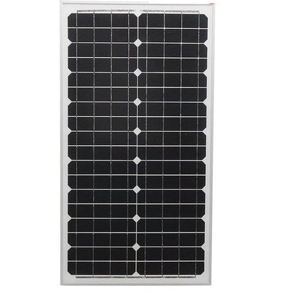 30W solar panel front view showing silver frame and cells