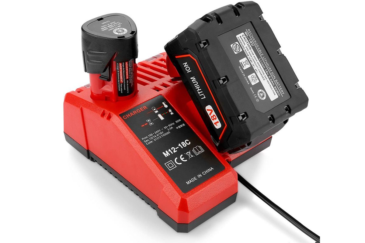 Top view of Milwaukee charger M12-18C showing battery connection points
