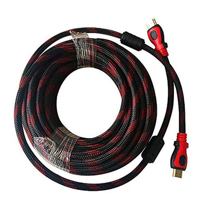 HDMI cable 10m length showing red and black PVC outer braid