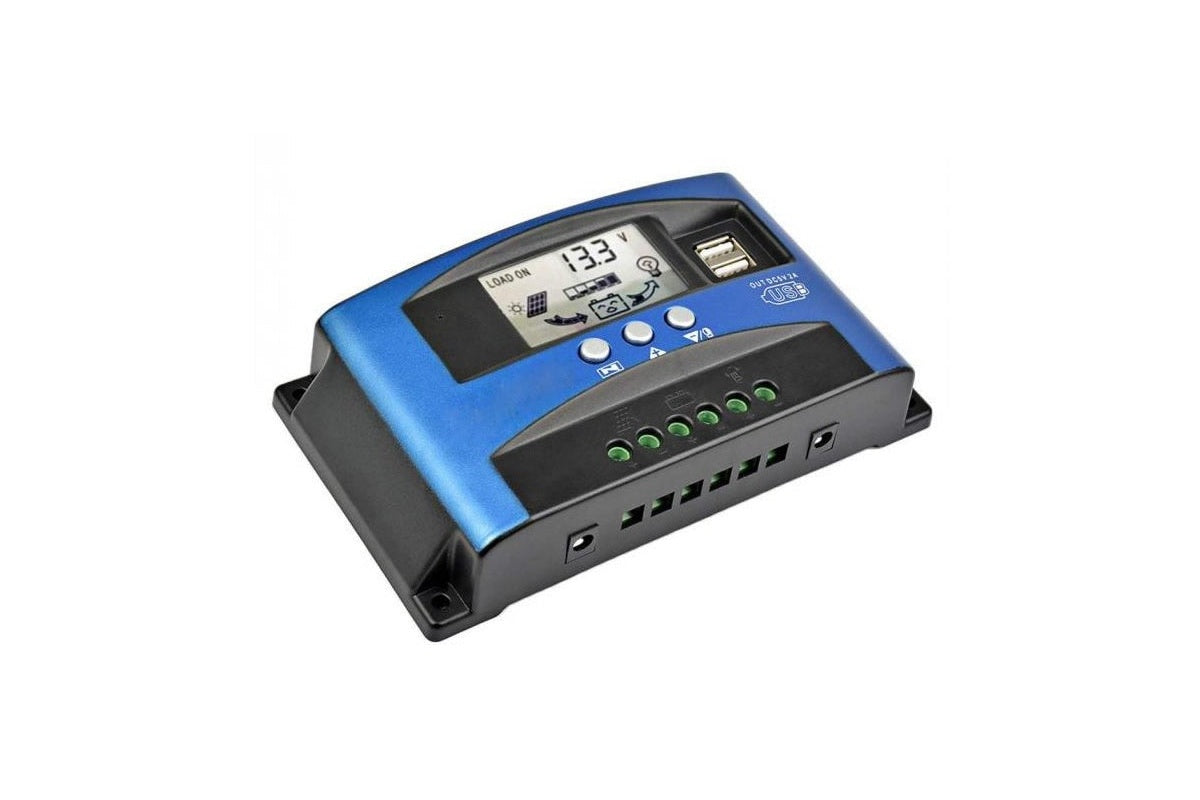 Side angle of PWM solar controller 30A with connection ports