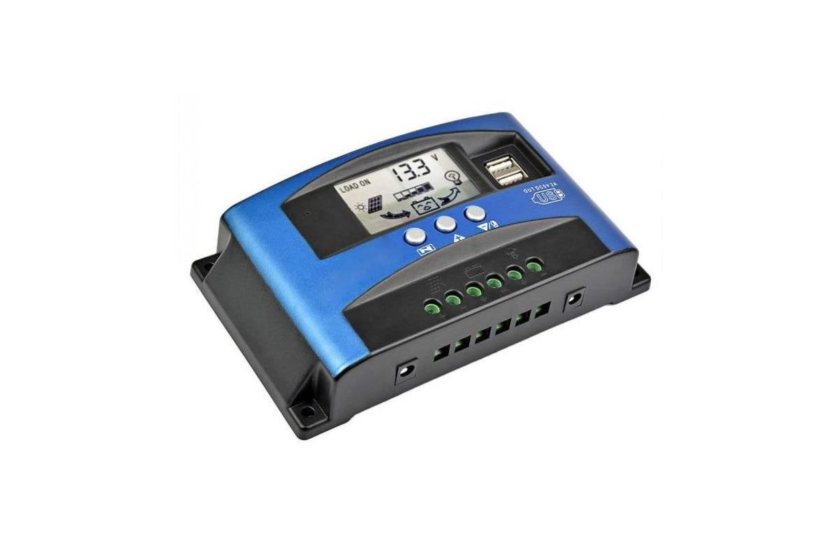 Side angle of solar charge controller with dual USB ports