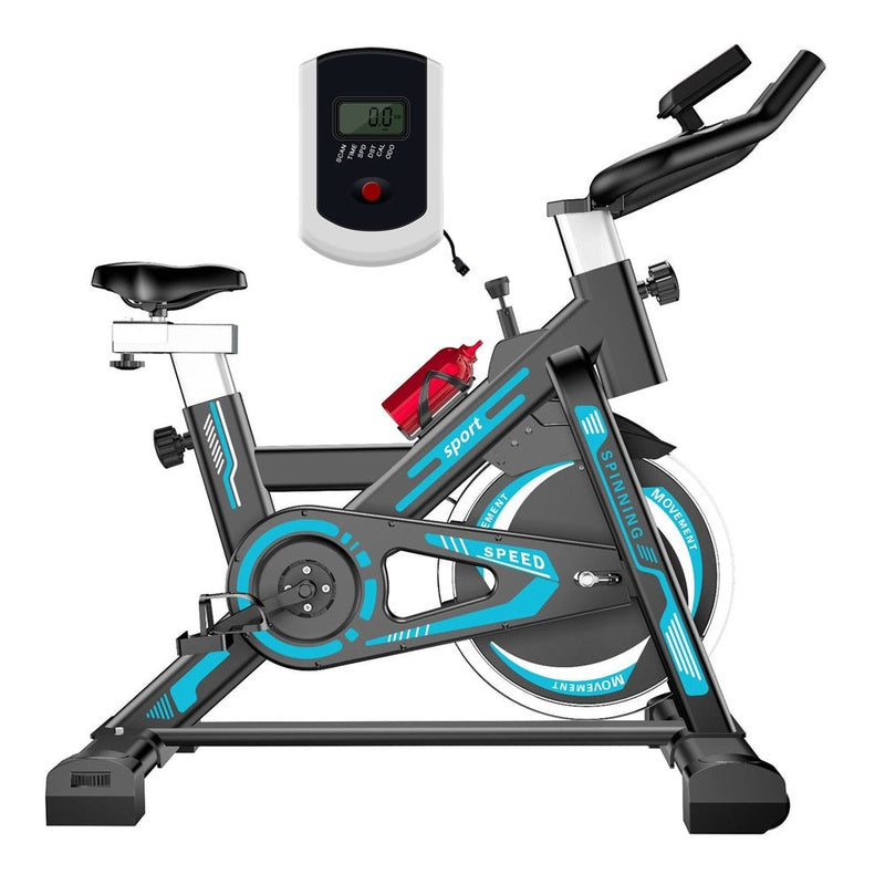 Exercise bike heavy duty blue spin bike side view showing frame