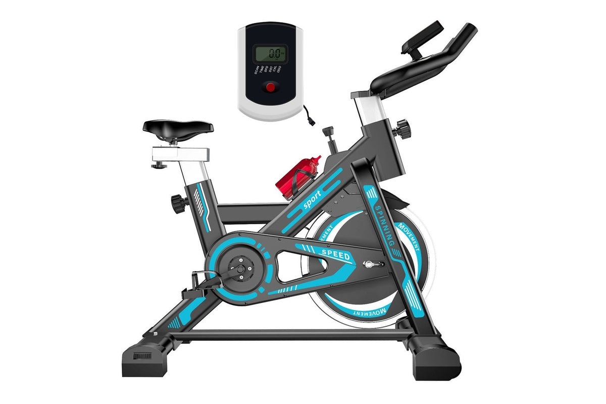 Close up of exercise bike blue spin bike multi-grip handlebar