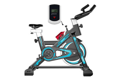 Close up of exercise bike blue spin bike multi-grip handlebar