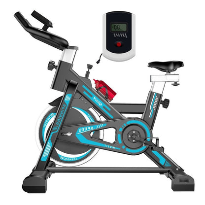 Blue exercise bike spinning bike side view showing sturdy steel frame