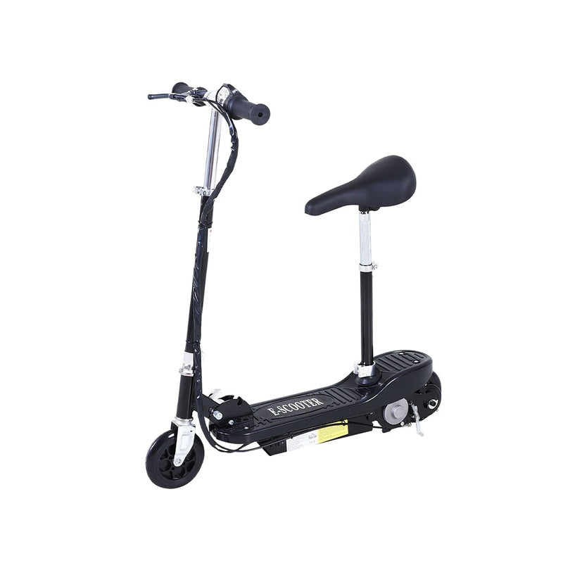 Electric scooter black with chair side view showing foldable frame