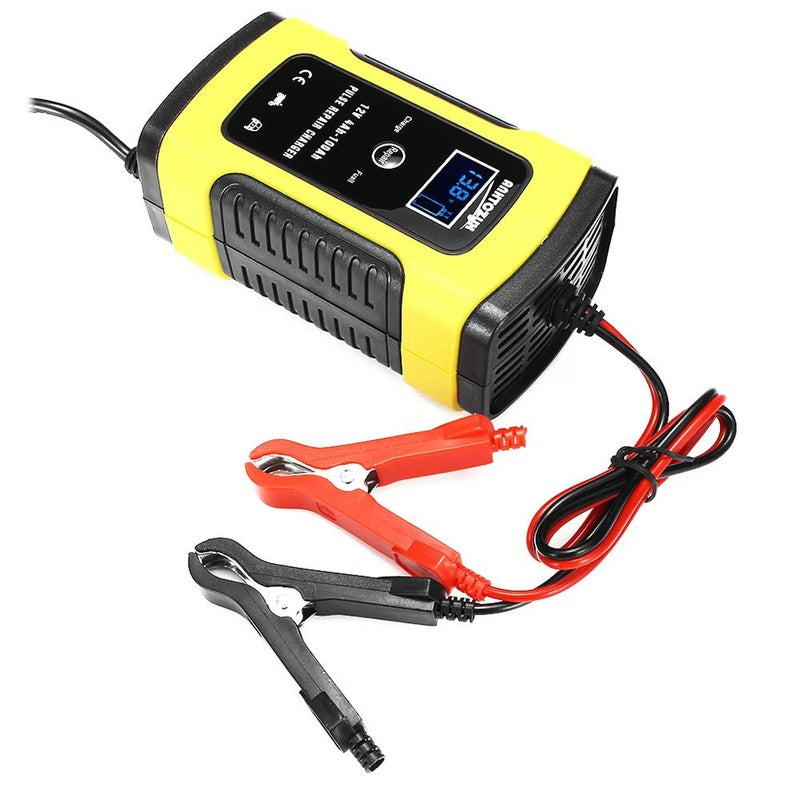 Car battery charger front view showing LCD digital display