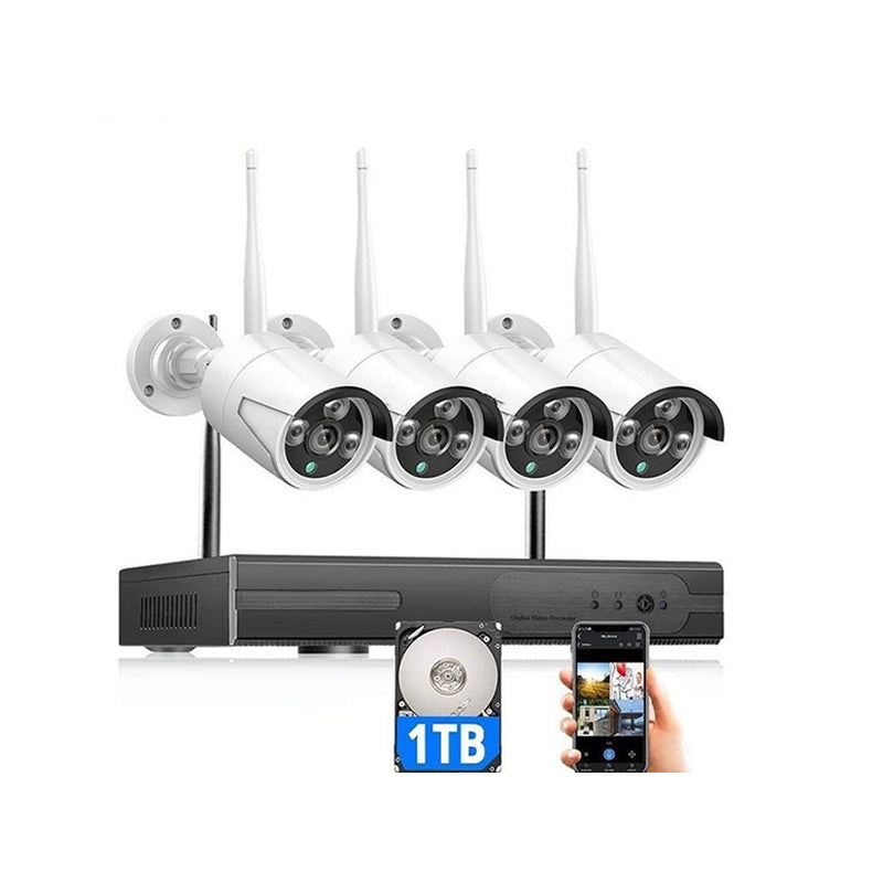 Wireless security camera system front view showing 4 cameras