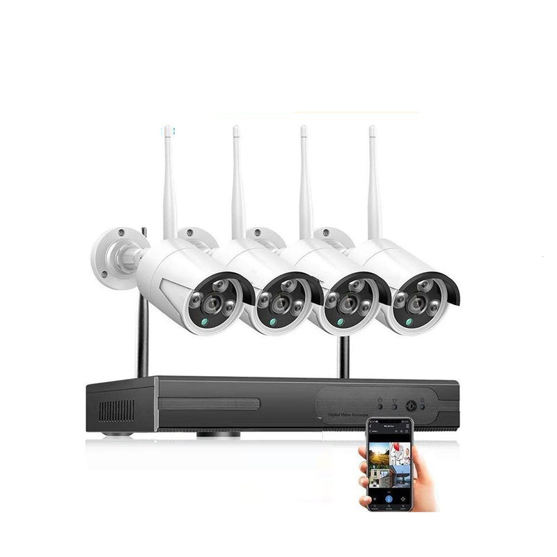 Wireless security camera system front view showing 4 cameras