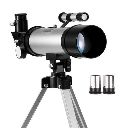 Astronomical telescope silver refracting lens close up