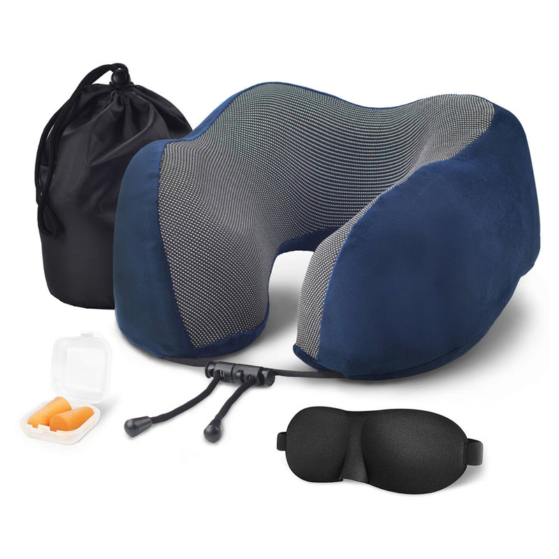 Travel pillow neck support in blue showing ergonomic raised lobe design
