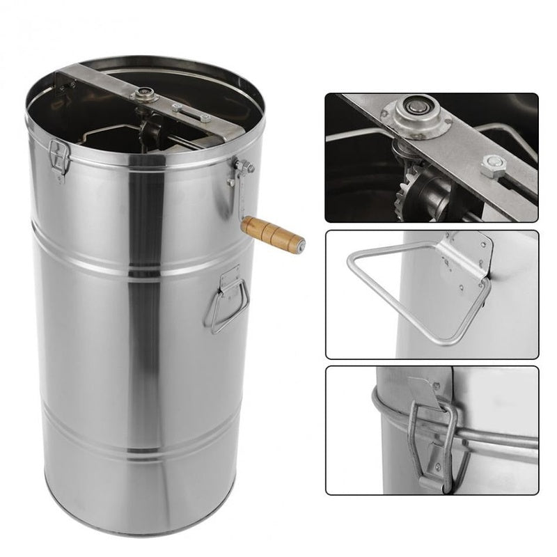 Honey extractor showing polished stainless steel drum exterior