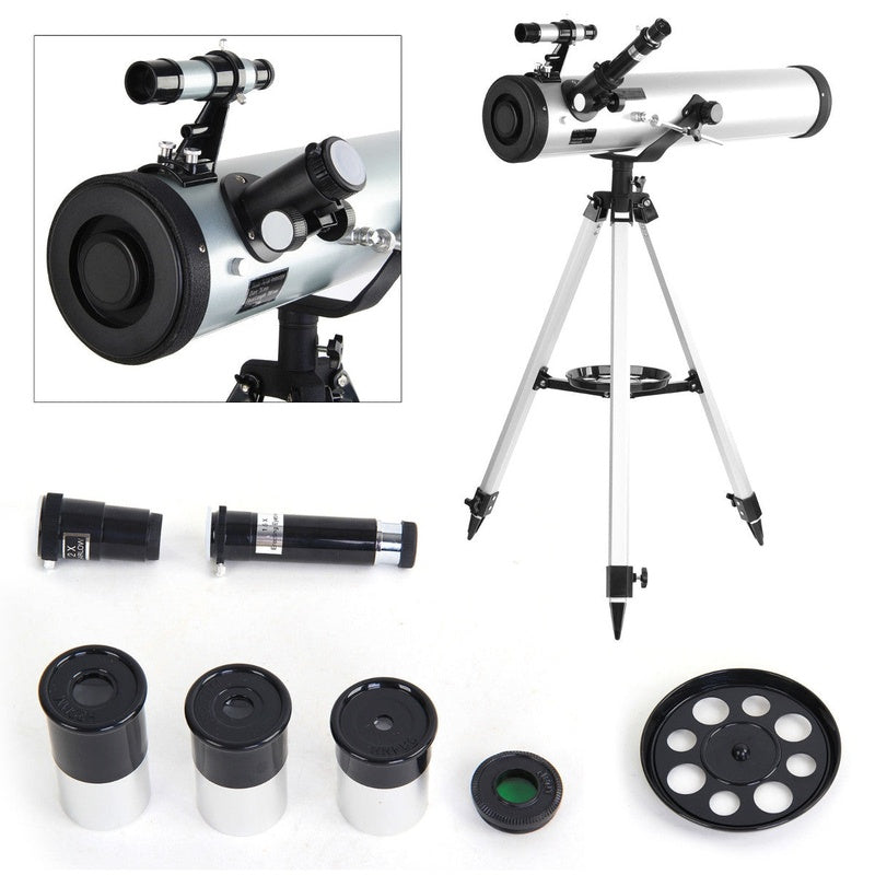 Astronomical telescope 700mm side view showing aluminium tripod