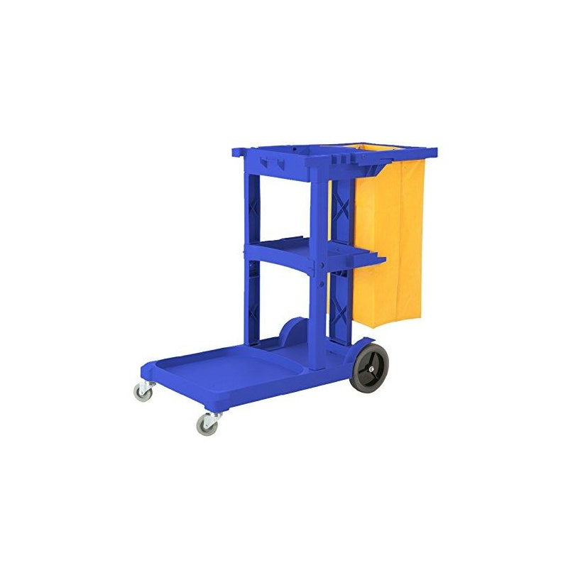 Cleaning trolley Janitors cart side view showing blue plastic frame