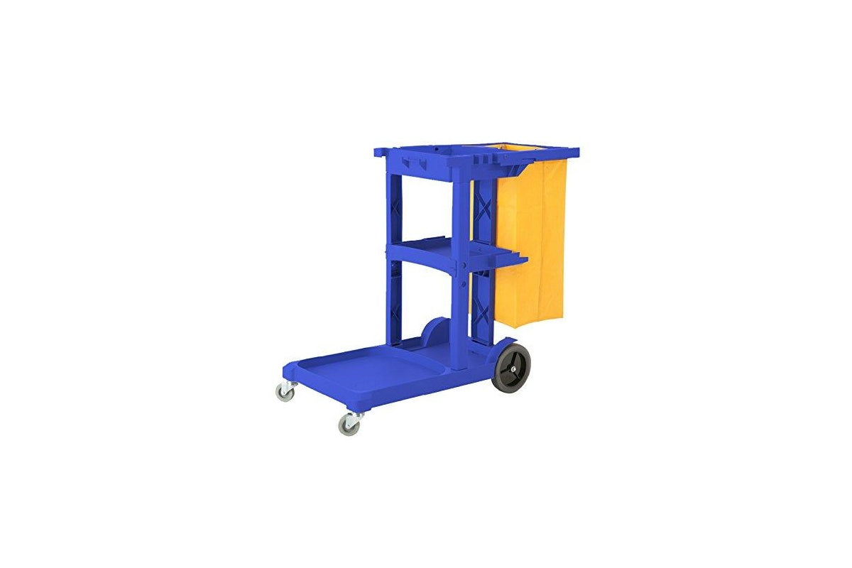 Top shelf of Cleaning trolley Janitors cart with divided storage