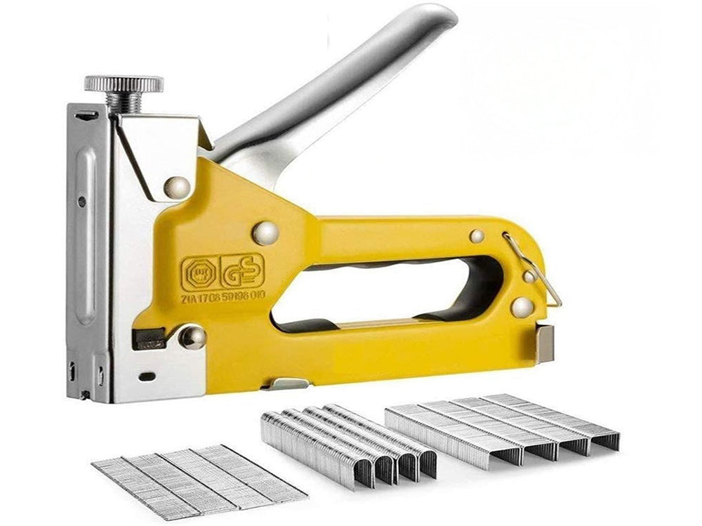Close up of staple gun handle lock feature