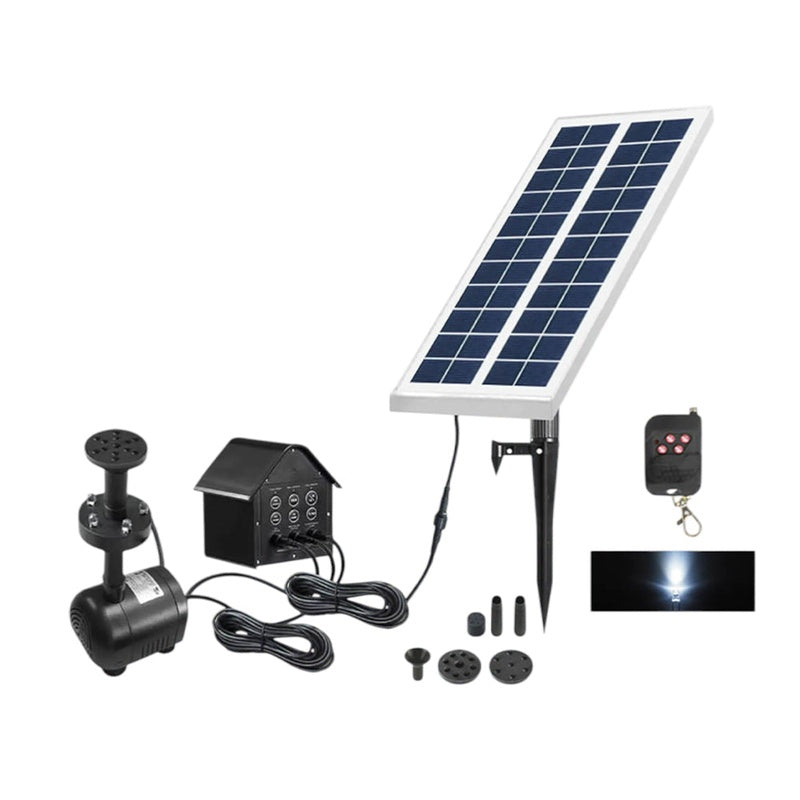 Solar water fountain pump with solar panel on garden pond