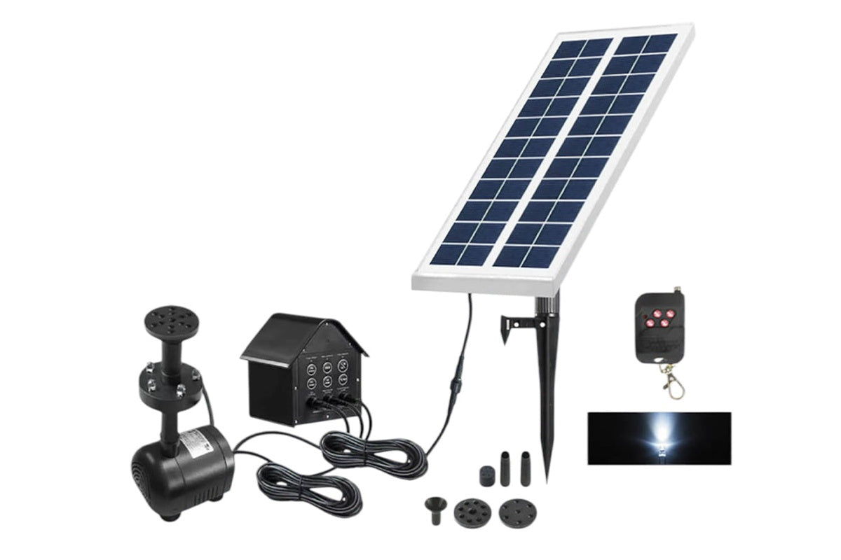 Close-up of solar water fountain pump with white LED lights