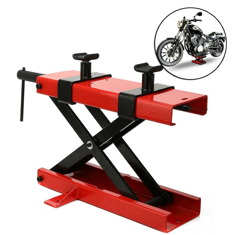 Motorcycle scissor lift stand side view showing red powder coated steel