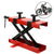 Motorcycle scissor lift stand side view showing red powder coated steel