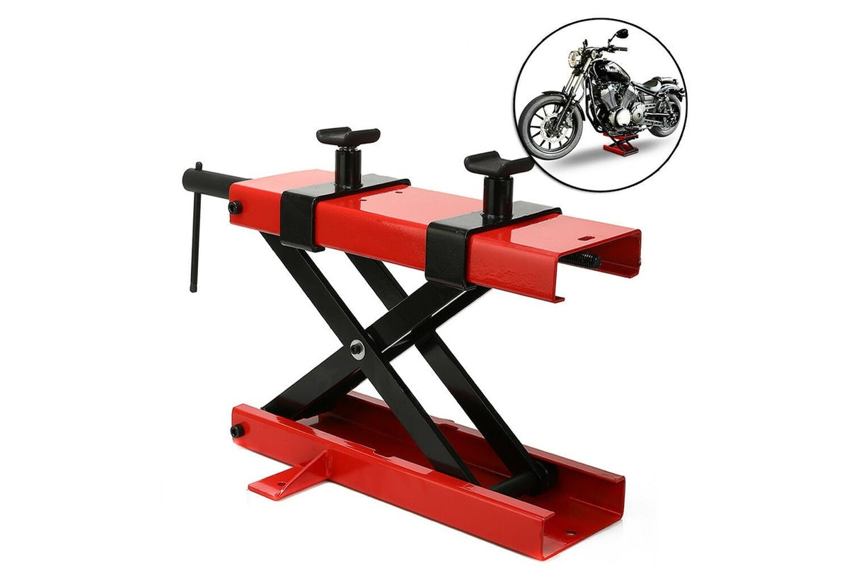 Close up of adjustable height mechanism on motorcycle scissor lift stand
