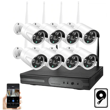 Security camera system CCTV front view showing 8 wireless cameras