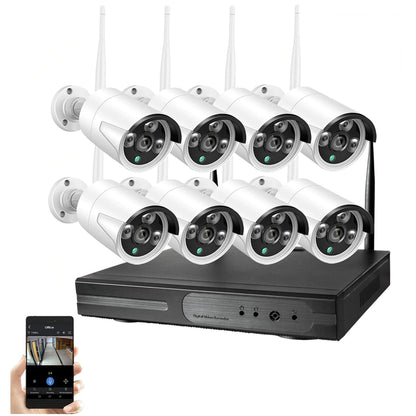 Wireless security camera system front view showing 8 cameras