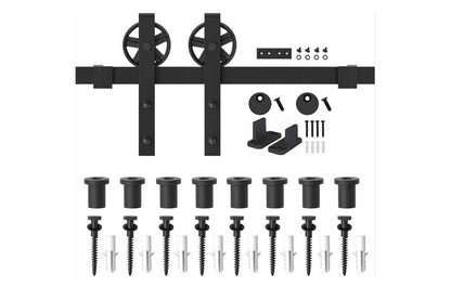 Close-up of black steel rollers on barn door hardware 2M
