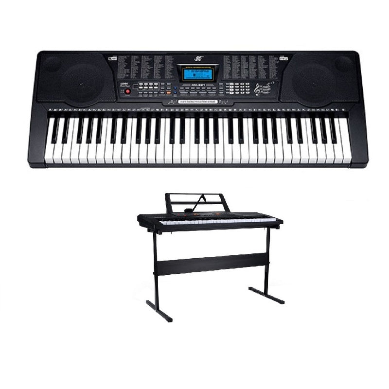 Electric keyboard piano showing full 61-key layout in black finish