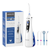 Water flosser side view showing blue and white body