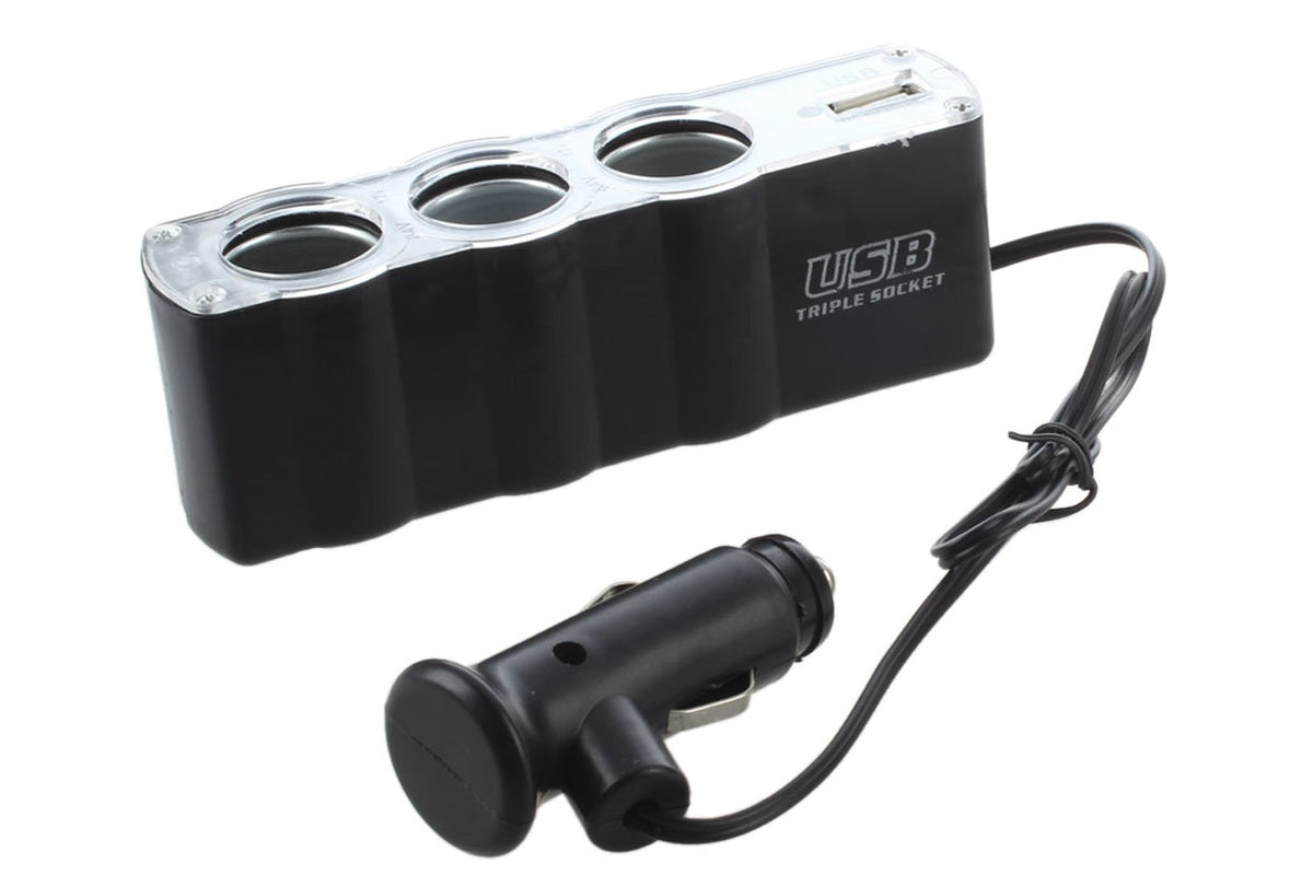Top view of car cigarette lighter splitter with three sockets and USB port