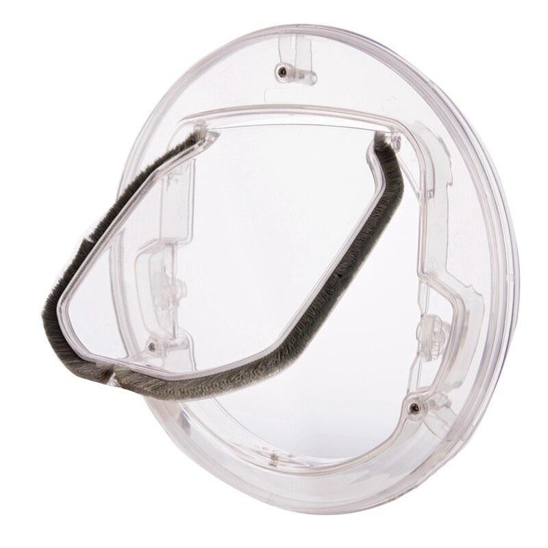 Clear cat door flap showing rotatable 4 way lock