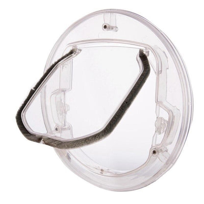 Clear cat door flap showing rotatable 4 way lock
