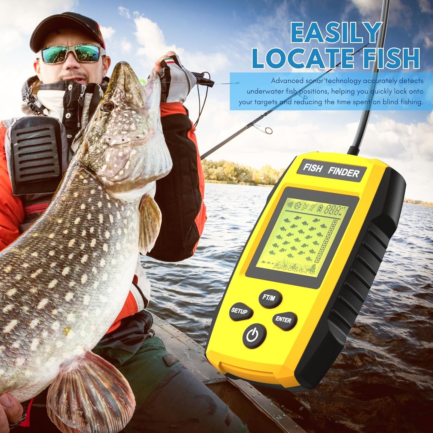 Side angle of fish finder with LED back-lighting