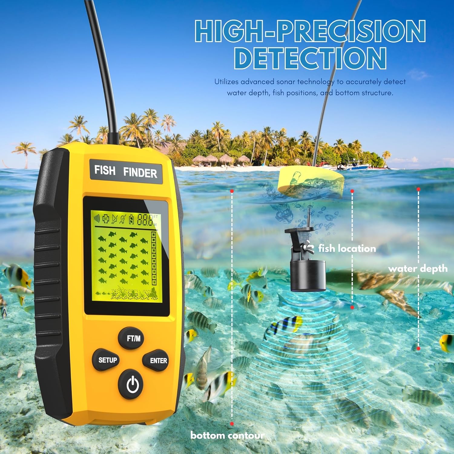 Fish finder with neck strap and user manual included