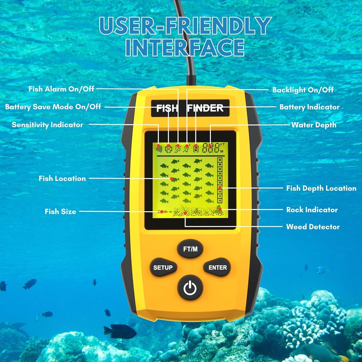 Fish finder with neck strap and user manual included